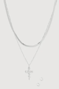 Rose Cross Charm Layered Necklace with Stud Earrings