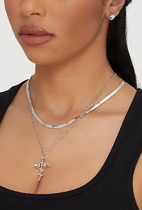 Rose Cross Charm Layered Necklace with Stud Earrings