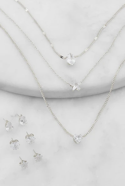 Cubic Zirconia Layered Necklace with Stud Earrings Set