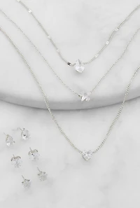 Cubic Zirconia Layered Necklace with Stud Earrings Set