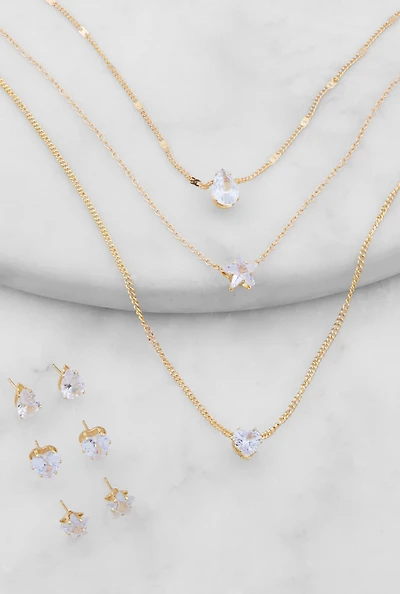 Womens Cubic Zirconia Layered Necklace with Stud Earrings Set, Gold