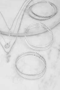 Love Rhinestone Layered Necklace and Hoop Earrings