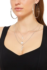 Love Rhinestone Layered Necklace and Hoop Earrings