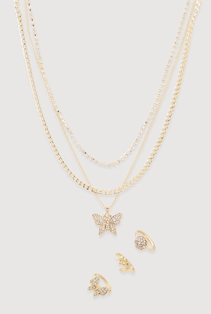 Womens Cubic Zirconia Butterfly Layered Necklace with Rings Set,
