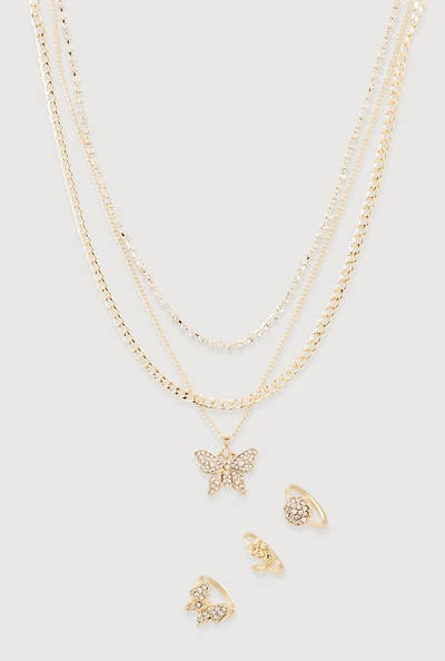 Cubic Zirconia Butterfly Layered Necklace with Rings Set