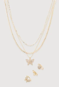 Cubic Zirconia Butterfly Layered Necklace with Rings Set