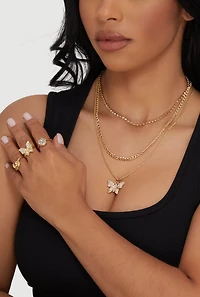 Womens Cubic Zirconia Butterfly Layered Necklace with Rings Set,