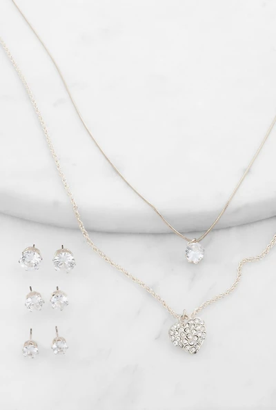 Cubic Zirconia Layered Necklace with Stud Earrings Trio