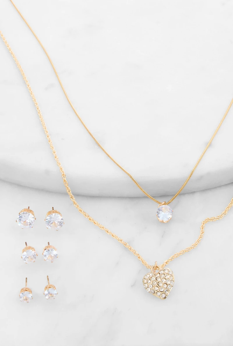 Womens Cubic Zirconia Layered Necklace with Stud Earrings Trio, Gold