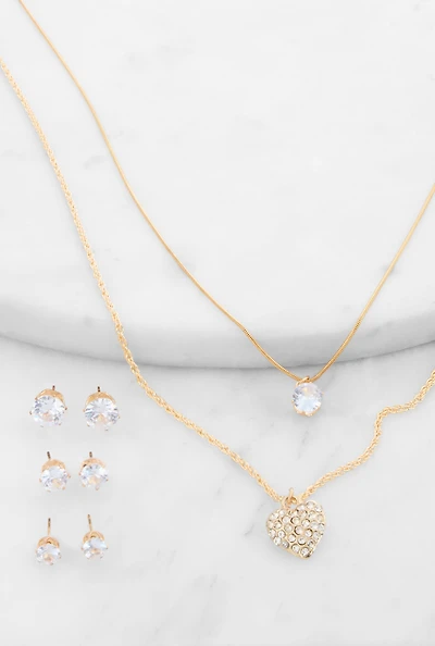 Womens Cubic Zirconia Layered Necklace with Stud Earrings Trio, Gold
