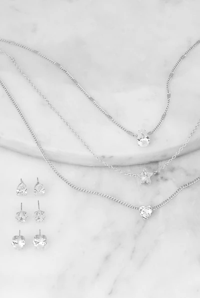 Womens Cubic Zirconia Layered Necklace and Stud Earrings, Silver