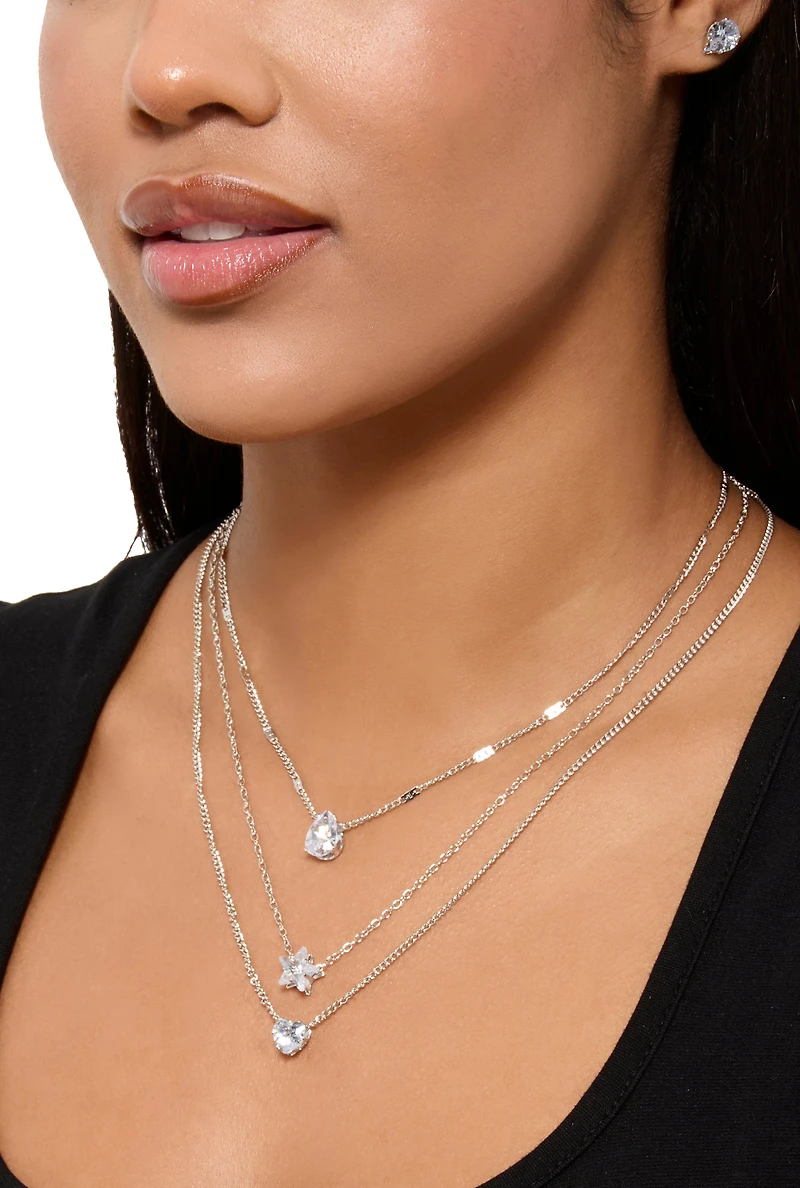 Womens Cubic Zirconia Layered Necklace and Stud Earrings, Silver