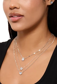 Womens Cubic Zirconia Layered Necklace and Stud Earrings, Silver