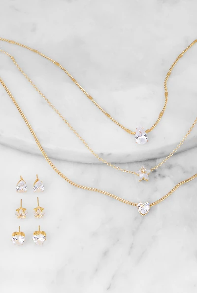 Cubic Zirconia Layered Necklace and Stud Earrings