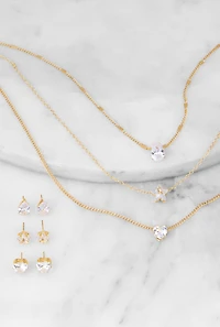 Cubic Zirconia Layered Necklace and Stud Earrings