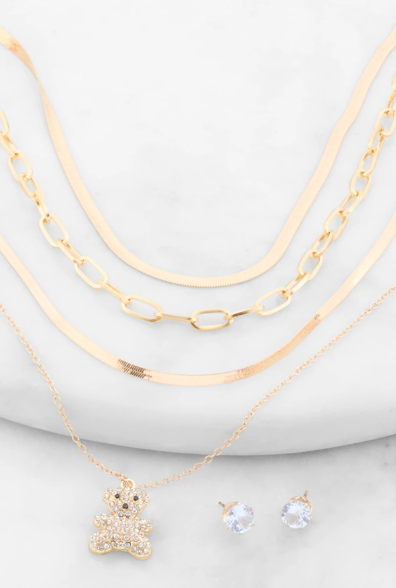 Womens Teddy Bear Charm Layered Necklace and Cubic Zirconia Earrings, Gold
