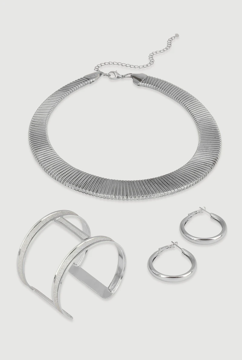 Womens Metallic Ribbed Choker Necklace with Bangle and Earrings Set, Silver