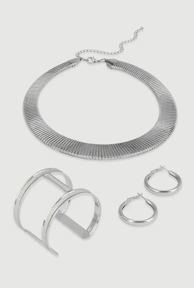 Womens Metallic Ribbed Choker Necklace with Bangle and Earrings Set, Silver