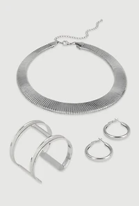 Womens Metallic Ribbed Choker Necklace with Bangle and Earrings Set, Silver
