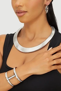 Womens Metallic Ribbed Choker Necklace with Bangle and Earrings Set, Silver
