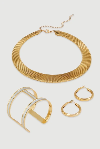 Metallic Ribbed Choker Necklace with Bangle and Earrings Set
