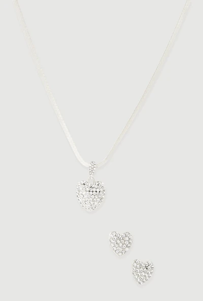 Cubic Zirconia Heart Charm Necklace and Earrings Set
