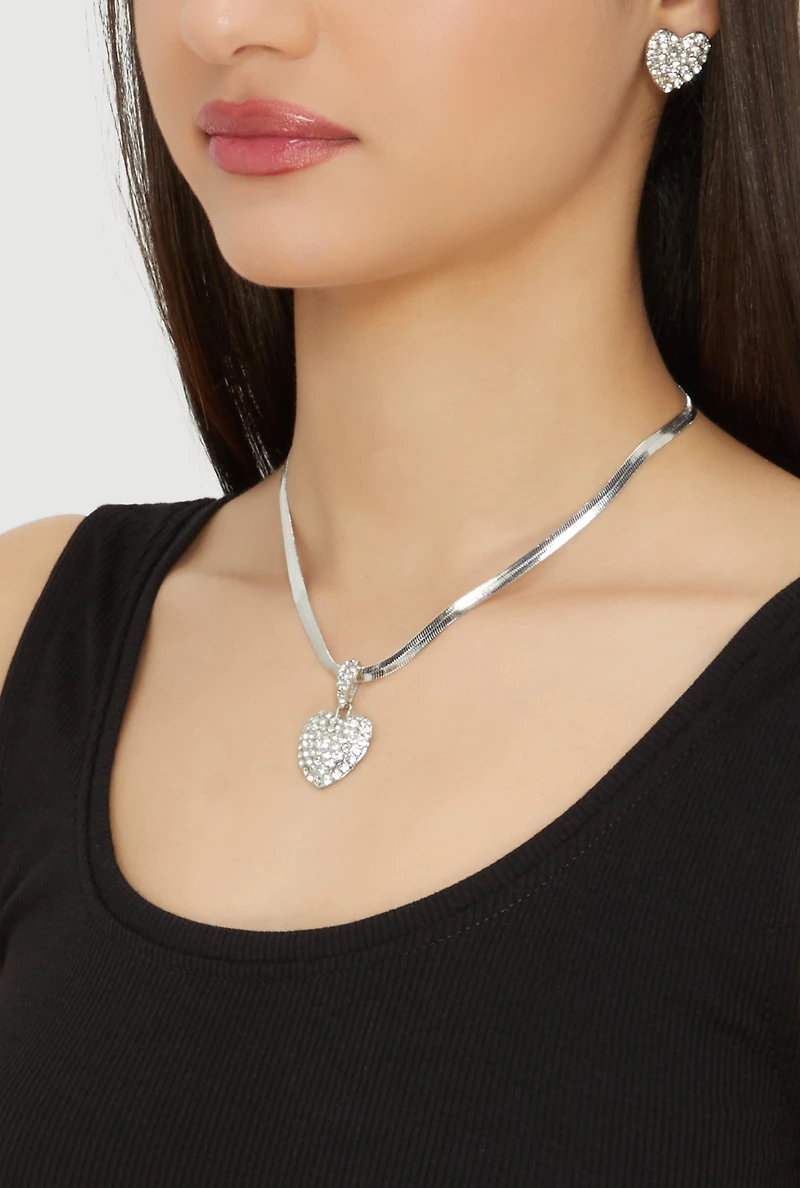 Cubic Zirconia Heart Charm Necklace and Earrings Set