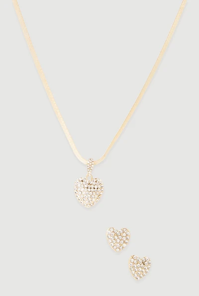 Cubic Zirconia Heart Charm Necklace and Earrings Set