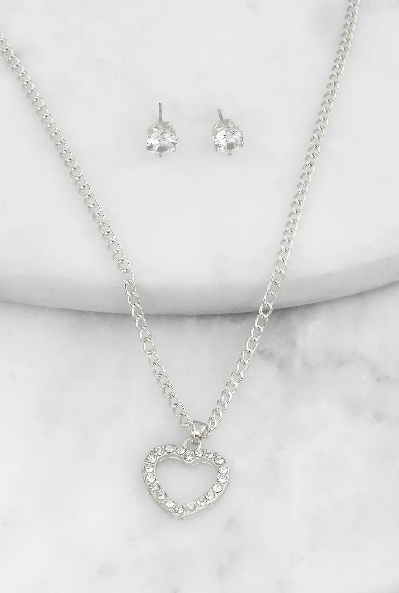Cubic Zirconia Heart Charm Necklace and Stud Earrings