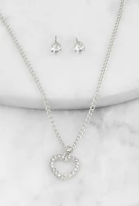 Cubic Zirconia Heart Charm Necklace and Stud Earrings