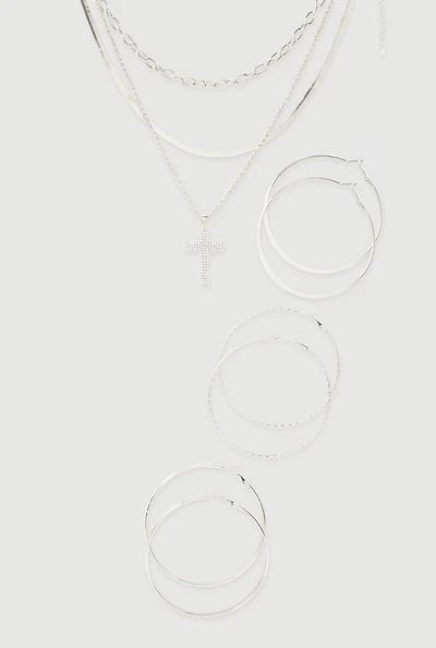 Cubic Zirconia Layered Cross Necklace and Hoop Earrings Set of 4