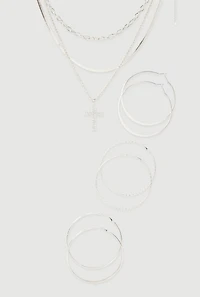 Cubic Zirconia Layered Cross Necklace and Hoop Earrings Set of 4
