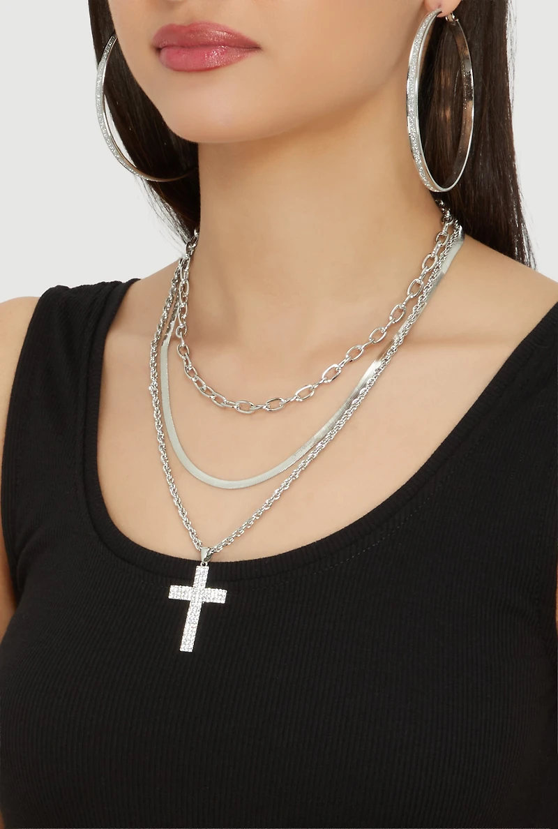Cubic Zirconia Layered Cross Necklace and Hoop Earrings Set of 4
