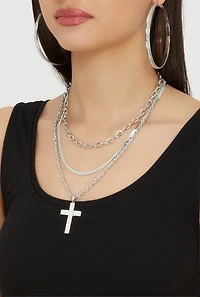 Cubic Zirconia Layered Cross Necklace and Hoop Earrings Set of 4