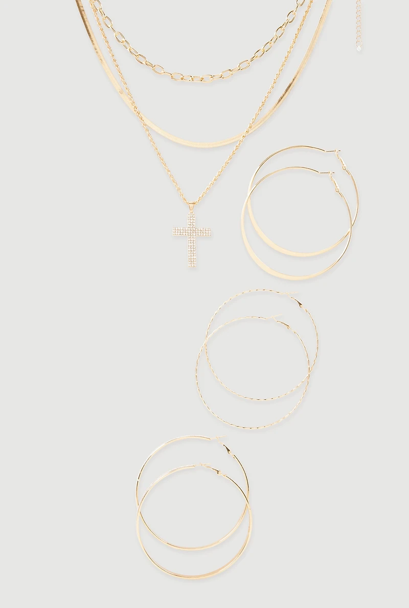 Cubic Zirconia Layered Cross Necklace and Hoop Earrings Set of 4