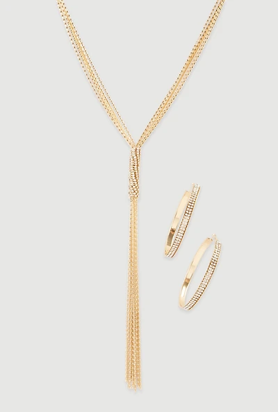 Cubic Zirconia Hoop Earrings and Tassel Lariat Necklace Set