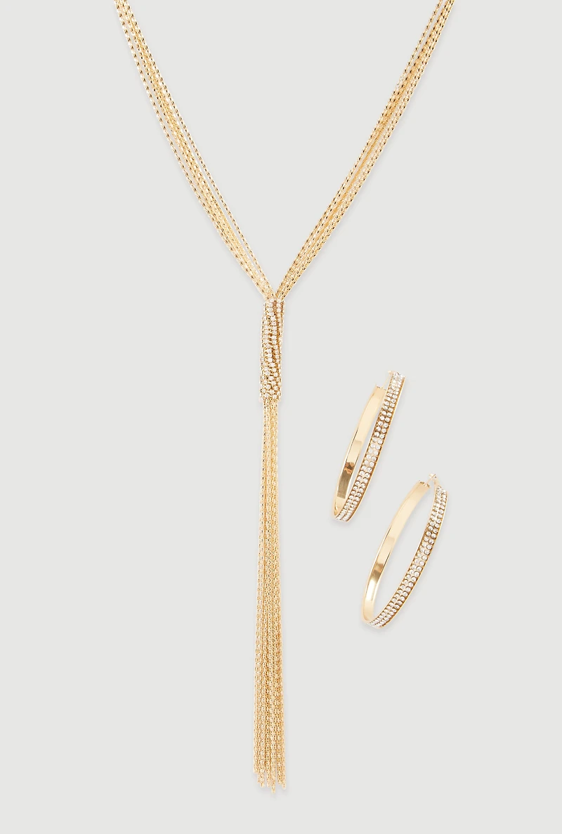 Cubic Zirconia Hoop Earrings and Tassel Lariat Necklace Set