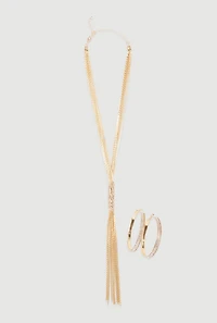 Cubic Zirconia Hoop Earrings and Tassel Lariat Necklace Set