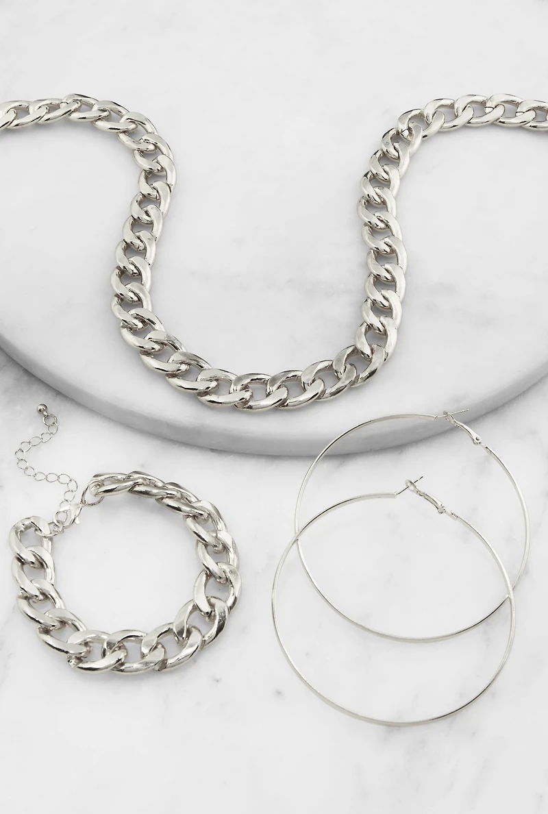 Curb Chain Necklace and Bracelet with Hoop Earrings