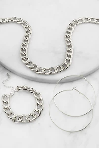 Curb Chain Necklace and Bracelet with Hoop Earrings