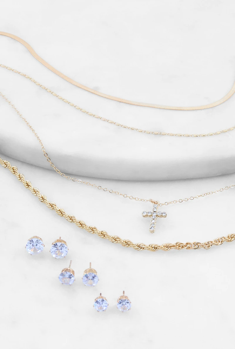 Cross Charm Layered Necklace with Stud Earring Trio