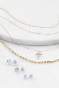 Cross Charm Layered Necklace with Stud Earring Trio