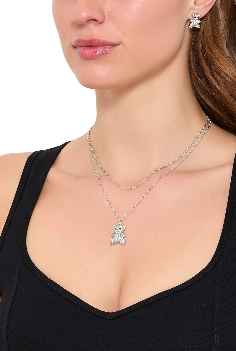 Cubic Zirconia Bear Layered Necklace and Stud Earrings