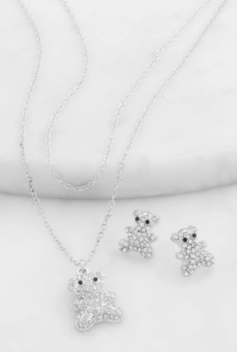Cubic Zirconia Bear Layered Necklace and Stud Earrings