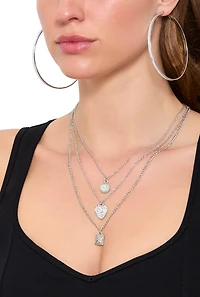 Womens Cubic Zirconia Charm Layered Necklace and Earring Trio, Silver