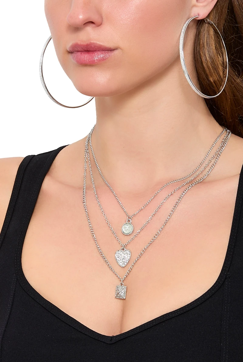 Womens Cubic Zirconia Charm Layered Necklace and Earring Trio, Silver