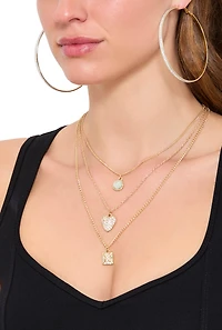 Womens Cubic Zirconia Charm Layered Necklace and Earring Trio, Gold