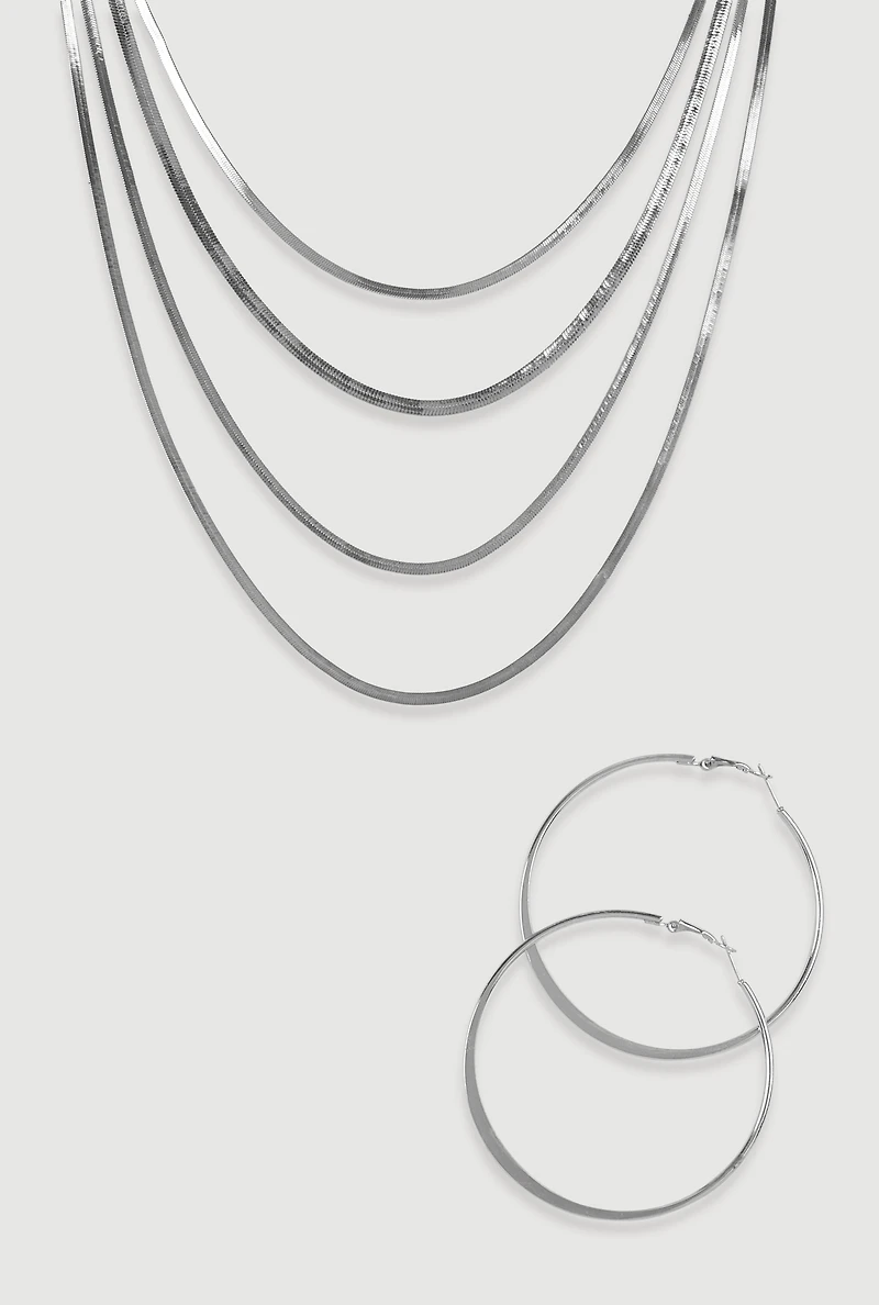 Layered Herringbone Necklace and Hoop Earrings Set