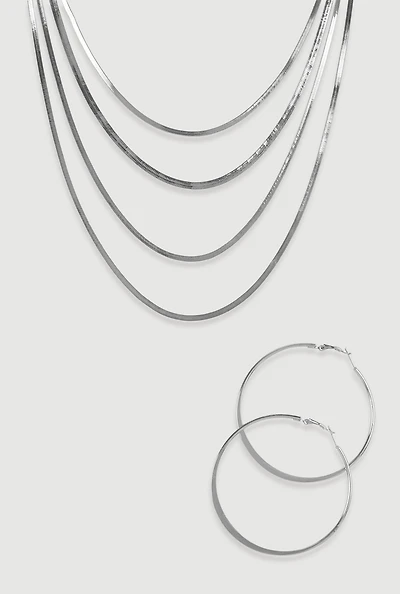 Layered Herringbone Necklace and Hoop Earrings Set