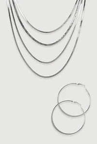 Layered Herringbone Necklace and Hoop Earrings Set